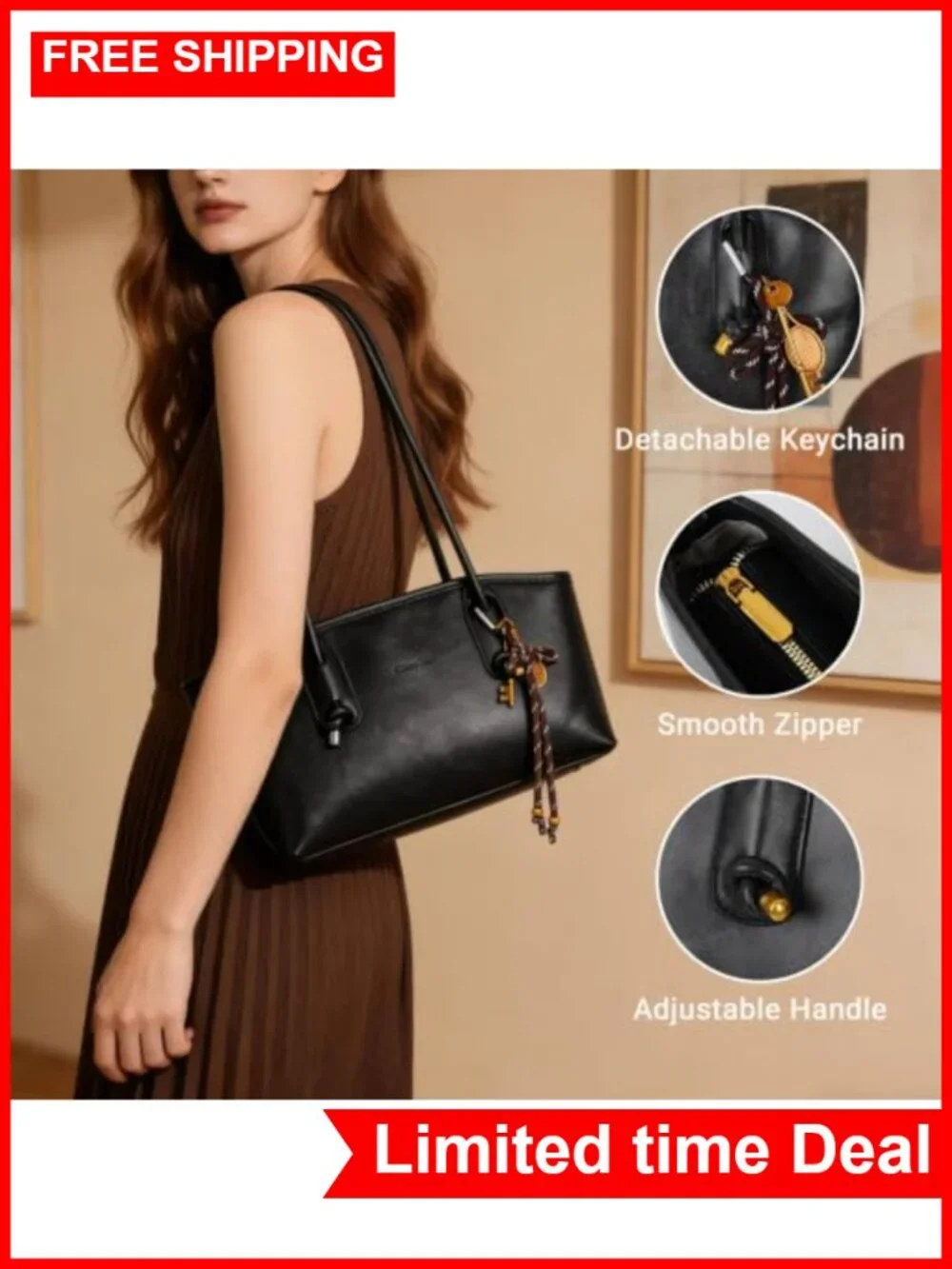 Vintage Faux Leather Hobo Handbag with Zipper Closure